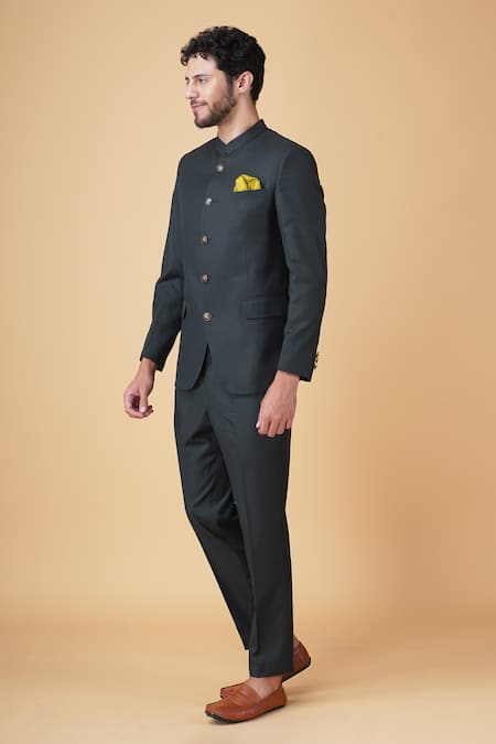 Shop_Manish Nagdeo_Green Viscose Mandarin Collared Bandhgala With Trouser _Online_at_Aza_Fashions