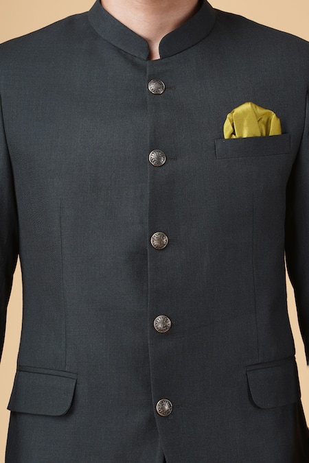 Manish Nagdeo_Green Viscose Mandarin Collared Bandhgala With Trouser _at_Aza_Fashions