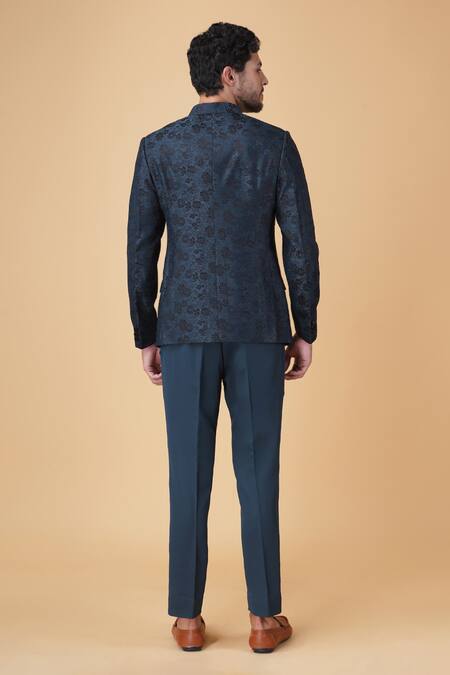 Shop Manish Nagdeo Blue Viscose Embroidery Floral Jacquard Bandhgala With Trouser at Aza Fashions Shop_Manish Nagdeo_Blue Viscose Embroidery Floral Jacquard Bandhgala With Trouser_at_Aza_Fashions