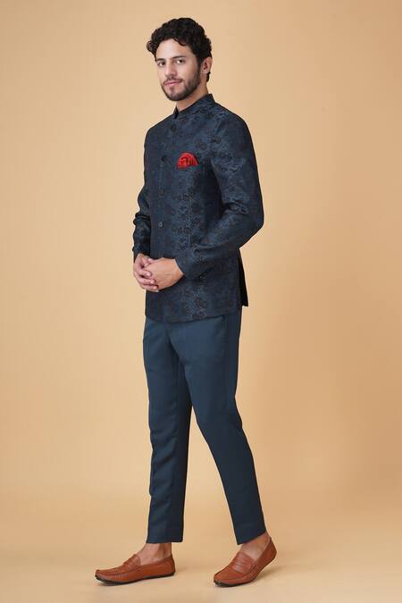 Shop Manish Nagdeo Blue Viscose Embroidery Floral Jacquard Bandhgala With Trouser Online at Aza Fashions Shop_Manish Nagdeo_Blue Viscose Embroidery Floral Jacquard Bandhgala With Trouser_Online_at_Aza_Fashions