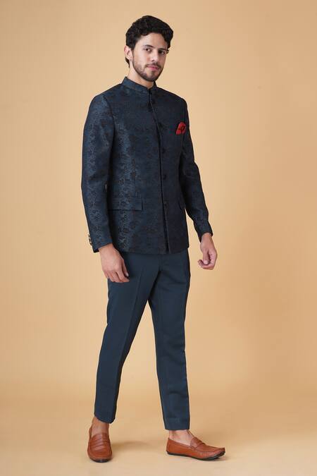 Manish Nagdeo Blue Viscose Embroidery Floral Jacquard Bandhgala With Trouser at Aza Fashions Manish Nagdeo_Blue Viscose Embroidery Floral Jacquard Bandhgala With Trouser_at_Aza_Fashions