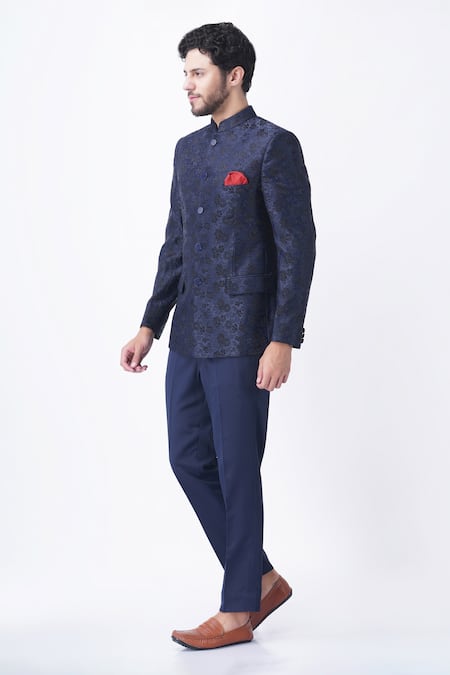 Manish Nagdeo_Blue Viscose, Silk Embroidery Flower Bloom Pattern Bandhgala With Trouser_Online_at_Aza_Fashions