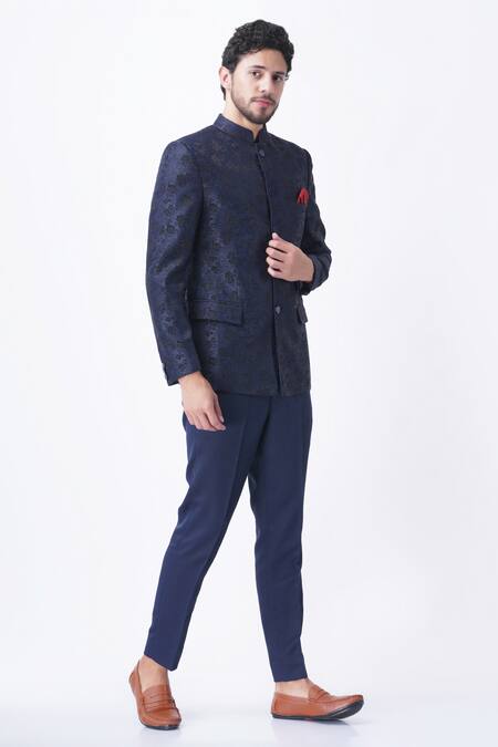 Buy_Manish Nagdeo_Blue Viscose, Silk Embroidery Flower Bloom Pattern Bandhgala With Trouser_Online_at_Aza_Fashions