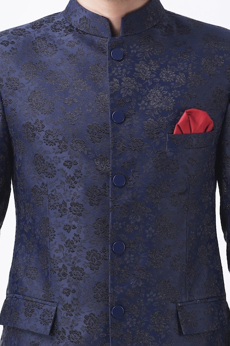 Shop_Manish Nagdeo_Blue Viscose, Silk Embroidery Flower Bloom Pattern Bandhgala With Trouser_Online_at_Aza_Fashions