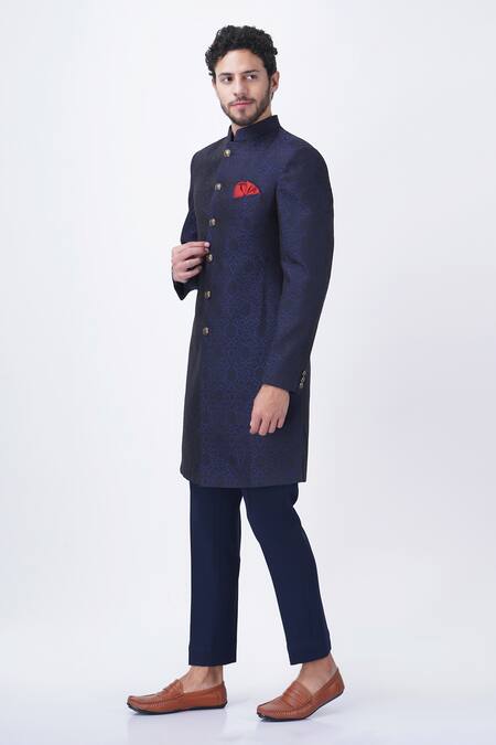 Manish Nagdeo_Blue Viscose Embroidery Flower Pattern Long Bandhgala With Trouser _Online_at_Aza_Fashions