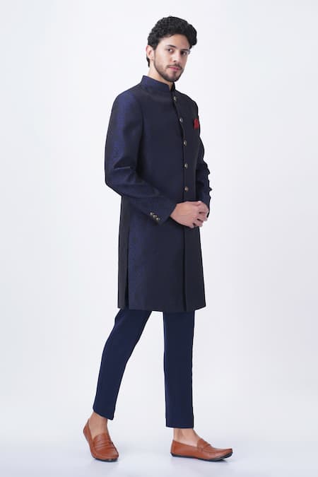 Shop_Manish Nagdeo_Blue Viscose Embroidery Flower Pattern Long Bandhgala With Trouser _Online_at_Aza_Fashions