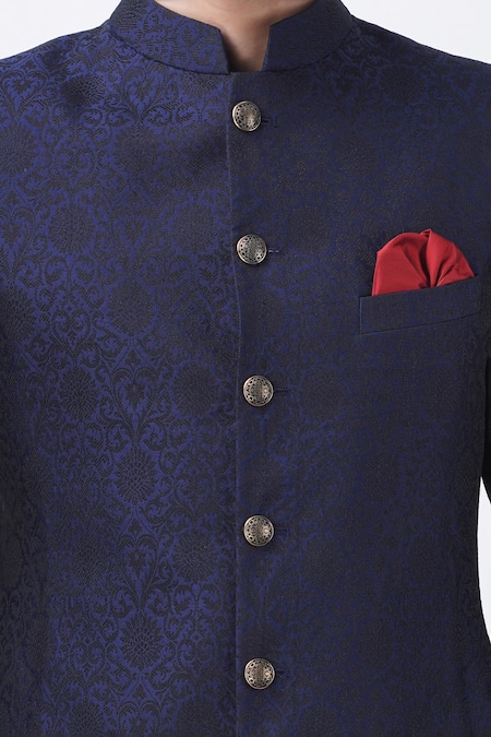 Manish Nagdeo_Blue Viscose Embroidery Flower Pattern Long Bandhgala With Trouser _at_Aza_Fashions