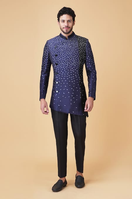 Manish Nagdeo Asymmetric Abstract Print Bandhgala With Trouser 