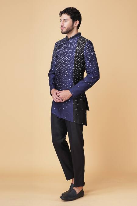 Buy Manish Nagdeo Blue Viscose, Polyester Asymmetric Abstract Print Bandhgala With Trouser Online at Aza Fashions Buy_Manish Nagdeo_Blue Viscose, Polyester Asymmetric Abstract Print Bandhgala With Trouser _Online_at_Aza_Fashions