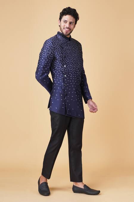 Shop Manish Nagdeo Blue Viscose, Polyester Asymmetric Abstract Print Bandhgala With Trouser Online at Aza Fashions Shop_Manish Nagdeo_Blue Viscose, Polyester Asymmetric Abstract Print Bandhgala With Trouser _Online_at_Aza_Fashions