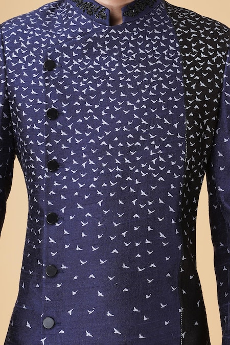 Manish Nagdeo Blue Viscose, Polyester Asymmetric Abstract Print Bandhgala With Trouser at Aza Fashions Manish Nagdeo_Blue Viscose, Polyester Asymmetric Abstract Print Bandhgala With Trouser _at_Aza_Fashions