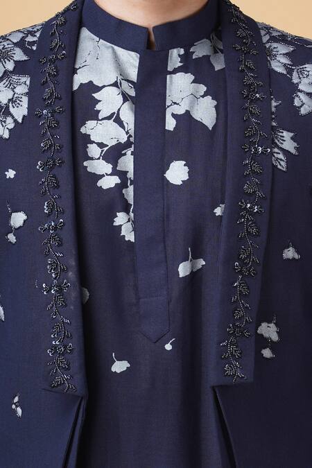 Shop Manish Nagdeo Blue Silk Embroidery, Beads Floral Embellished Bundi Kurta Set Shop_Manish Nagdeo_Blue Silk Embroidery, Beads Floral Embellished Bundi Kurta Set