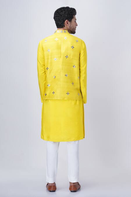 Manish Nagdeo Yellow Silk, , Satin Sequins, Embroidery Floral Bundi Kurta Set at Aza Fashions Manish Nagdeo_Yellow Silk, , Satin Sequins, Embroidery Floral Bundi Kurta Set _at_Aza_Fashions