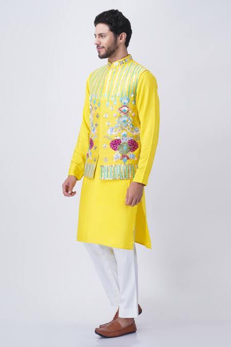 Buy Manish Nagdeo Yellow Silk, , Satin Sequins, Embroidery Floral Bundi Kurta Set Buy_Manish Nagdeo_Yellow Silk, , Satin Sequins, Embroidery Floral Bundi Kurta Set