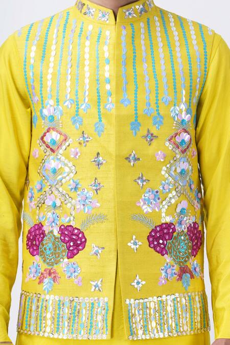Shop Manish Nagdeo Yellow Silk, , Satin Sequins, Embroidery Floral Bundi Kurta Set Shop_Manish Nagdeo_Yellow Silk, , Satin Sequins, Embroidery Floral Bundi Kurta Set