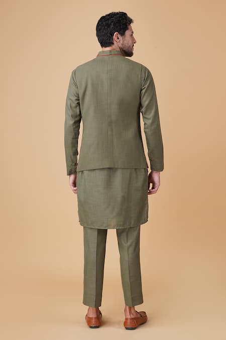 Buy_Manish Nagdeo_Green Silk Embroidery Floral Bundi Kurta Set 