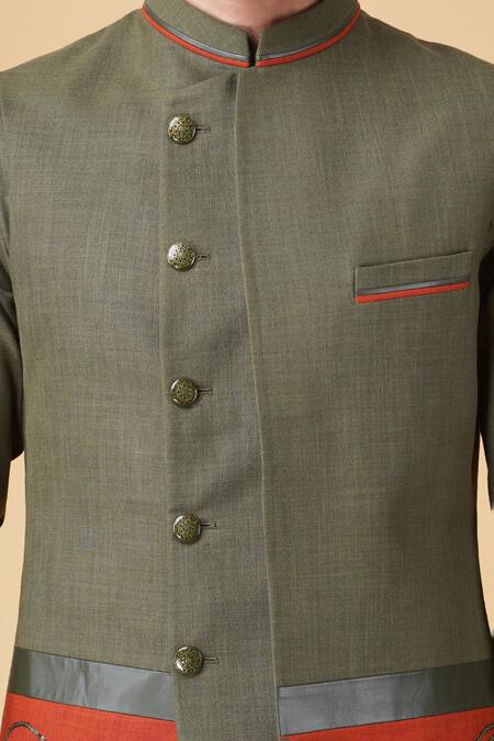 Shop_Manish Nagdeo_Green Silk Embroidery Floral Bundi Kurta Set 