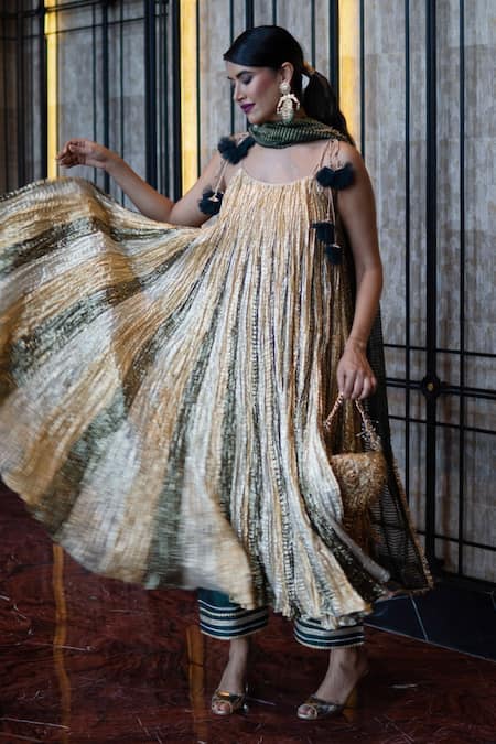 Etasha By Asha Jain_Multi Color Silk, Tissue, Crepe Embroidery Metallic Colorblock Anarkali Set _Online_at_Aza_Fashions