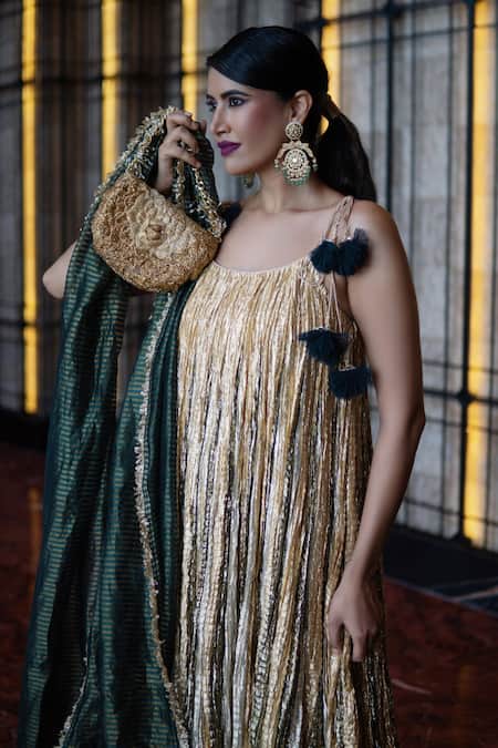 Buy_Etasha By Asha Jain_Multi Color Silk, Tissue, Crepe Embroidery Metallic Colorblock Anarkali Set _Online_at_Aza_Fashions