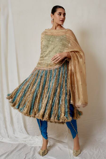 Etasha By Asha Jain_Multi Color Cotton, Silk Tassels, Colorblock Stripe Pattern Anarkali Pant Set _Online_at_Aza_Fashions