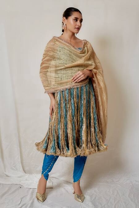 Buy_Etasha By Asha Jain_Multi Color Cotton, Silk Tassels, Colorblock Stripe Pattern Anarkali Pant Set _Online_at_Aza_Fashions