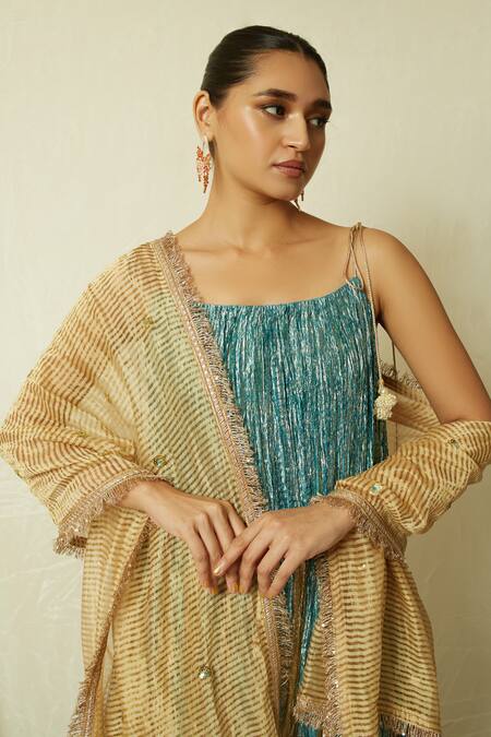 Shop_Etasha By Asha Jain_Multi Color Cotton, Silk Tassels, Colorblock Stripe Pattern Anarkali Pant Set _Online_at_Aza_Fashions