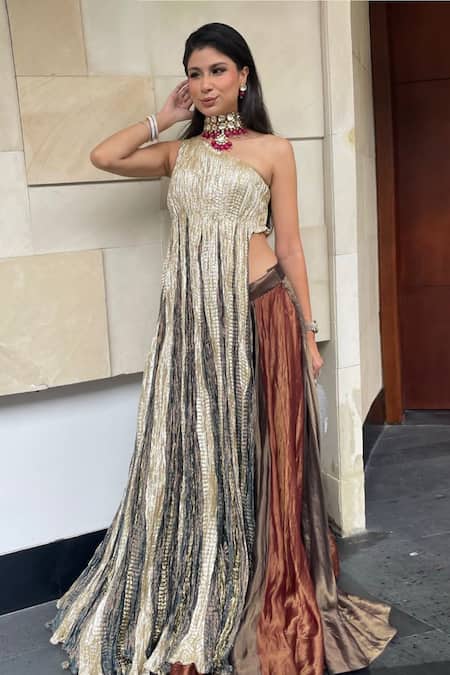 Etasha By Asha Jain One Shoulder Anarkali & Lehenga Set 