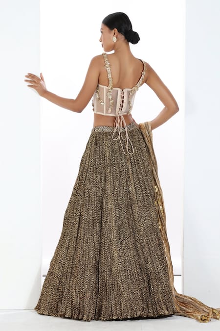 Etasha By Asha Jain Metallic Hand Block Printed Lehenga Corset Set 