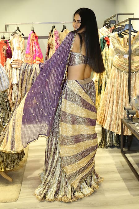 Etasha By Asha Jain Metallic Palazzo Saree & Blouse Set 