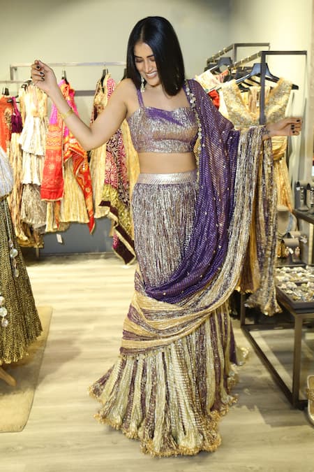 Etasha By Asha Jain_Gold Tissue Gota Patti Sweetheart Neck Metallic Palazzo Saree And Blouse Set _Online_at_Aza_Fashions