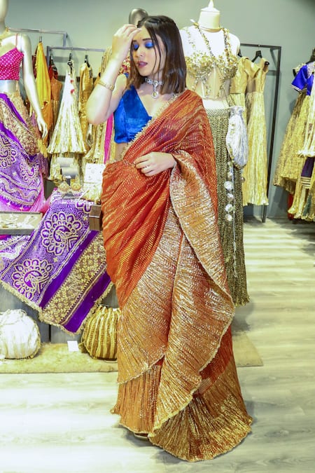 Etasha By Asha Jain Metallic Colorblock Pre-Draped Saree With Blouse 