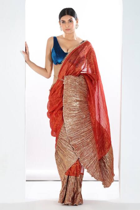 Buy_Etasha By Asha Jain_Red Satin, Velvet, Tissue Metallic Colorblock Pre-draped Saree With Blouse _Online_at_Aza_Fashions