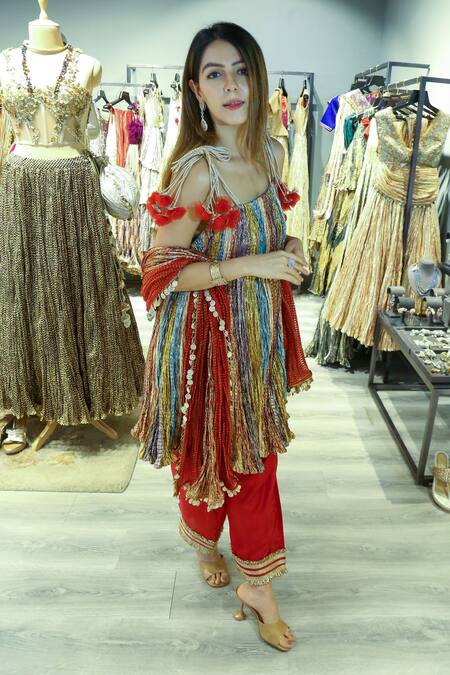 Etasha By Asha Jain_Red Silk, Tissue, Crepe Embroidery Scoop Metallic Colorblock Anarkali Pant Set _Online_at_Aza_Fashions