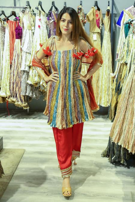 Buy_Etasha By Asha Jain_Red Silk, Tissue, Crepe Embroidery Scoop Metallic Colorblock Anarkali Pant Set _Online_at_Aza_Fashions