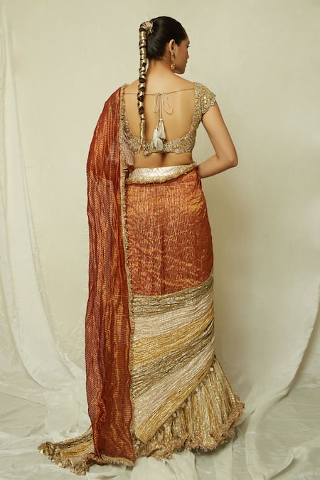 Etasha By Asha Jain Metallic Stripe Draped Palazzo Saree Set 