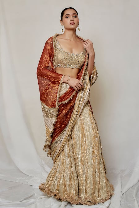 Etasha By Asha Jain_Gold Organza, Tissue Mirrors, Metallic Stripe Draped Palazzo Saree Set _Online_at_Aza_Fashions