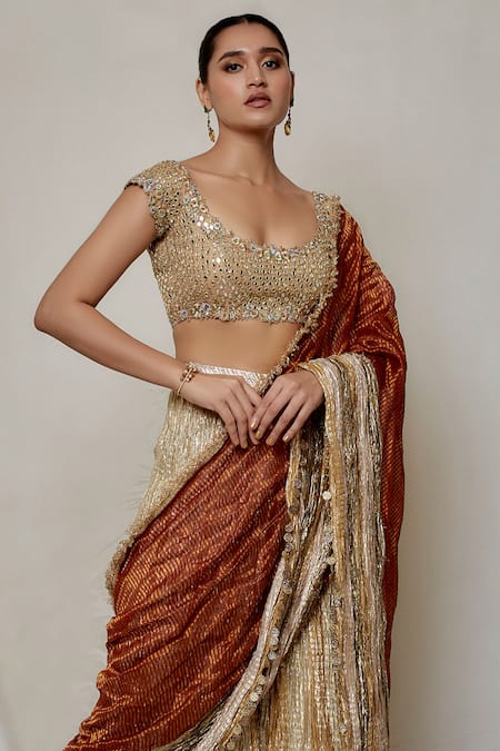 Buy_Etasha By Asha Jain_Gold Organza, Tissue Mirrors, Metallic Stripe Draped Palazzo Saree Set _Online_at_Aza_Fashions
