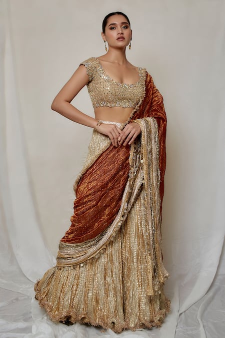 Shop_Etasha By Asha Jain_Gold Organza, Tissue Mirrors, Metallic Stripe Draped Palazzo Saree Set _Online_at_Aza_Fashions