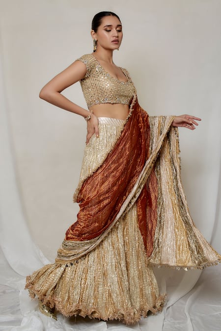 Etasha By Asha Jain_Gold Organza, Tissue Mirrors, Metallic Stripe Draped Palazzo Saree Set _at_Aza_Fashions