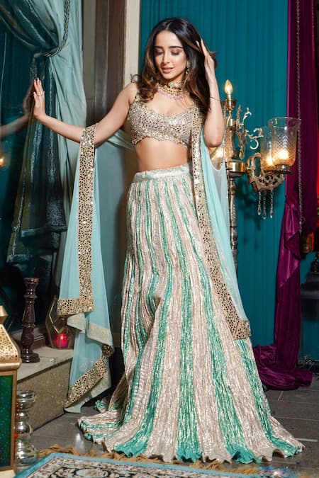 Etasha by Asha Jain Mirror Border Embroidered Jacket Lehenga Set 