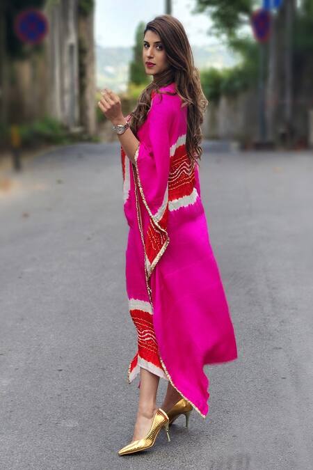 Shop_Etasha By Asha Jain_Multi Color Gabardine Embroidery Boat Neck Bandhani Kaftan _at_Aza_Fashions