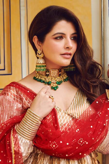 Etasha By Asha Jain Gold Organza, Tulle, Satin Embroidery, Gota Patti V-neck Angrakha Anarkali Set Online at Aza Fashions Etasha By Asha Jain_Gold Organza, Tulle, Satin Embroidery, Gota Patti V-neck Angrakha Anarkali Set _Online_at_Aza_Fashions