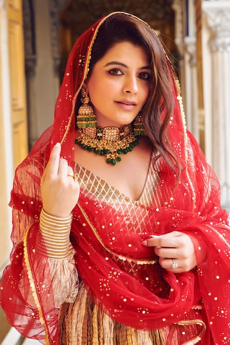 Buy_Etasha By Asha Jain_Gold Organza, Tulle, Satin Embroidery, Gota Patti V-neck Angrakha Anarkali Set _Online_at_Aza_Fashions