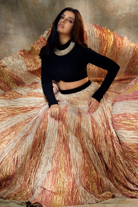 Etasha By Asha Jain_Gold Kota Doria, Silk, Crepe Round Neck Textured Lehenga With Blouse _Online_at_Aza_Fashions