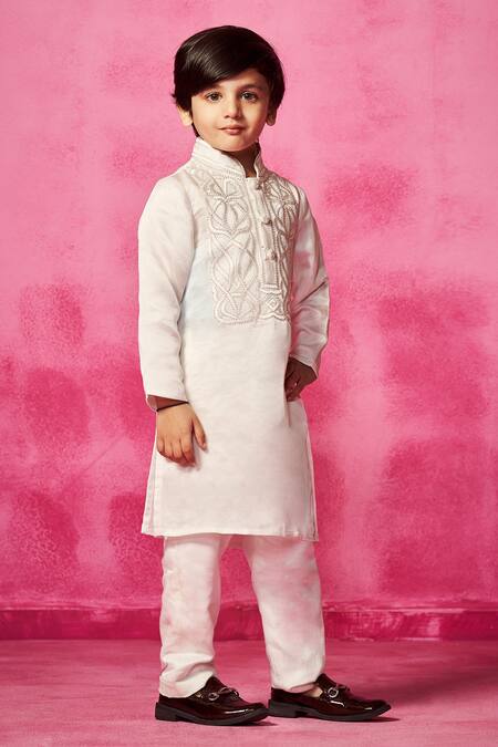 Shop_Neha Gursahani_Ivory Satin, Linen Patchwork Velvet Embroidered Kurta Set _Online_at_Aza_Fashions