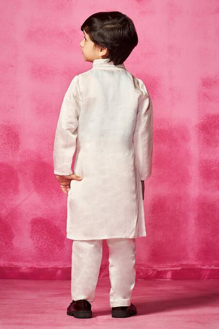 Shop_Neha Gursahani_Ivory Satin, Linen Patchwork Velvet Embroidered Kurta Set _at_Aza_Fashions