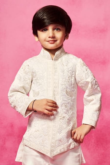 Neha Gursahani_Ivory Satin, Linen Embroidery Thread Bandhgala Set _Online_at_Aza_Fashions