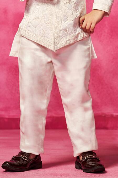 Buy_Neha Gursahani_Ivory Satin, Linen Embroidery Thread Bandhgala Set _Online_at_Aza_Fashions