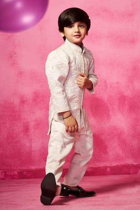 Shop_Neha Gursahani_Ivory Satin, Linen Embroidery Thread Bandhgala Set _Online_at_Aza_Fashions