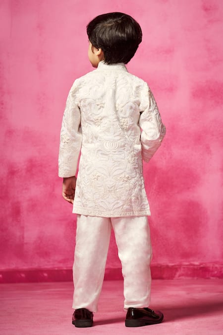 Shop_Neha Gursahani_Ivory Satin, Linen Embroidery Thread Bandhgala Set _at_Aza_Fashions